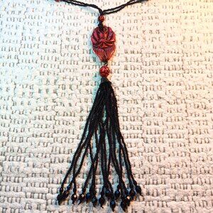 Robert Rose red & black rose tassel seed bead long necklace
